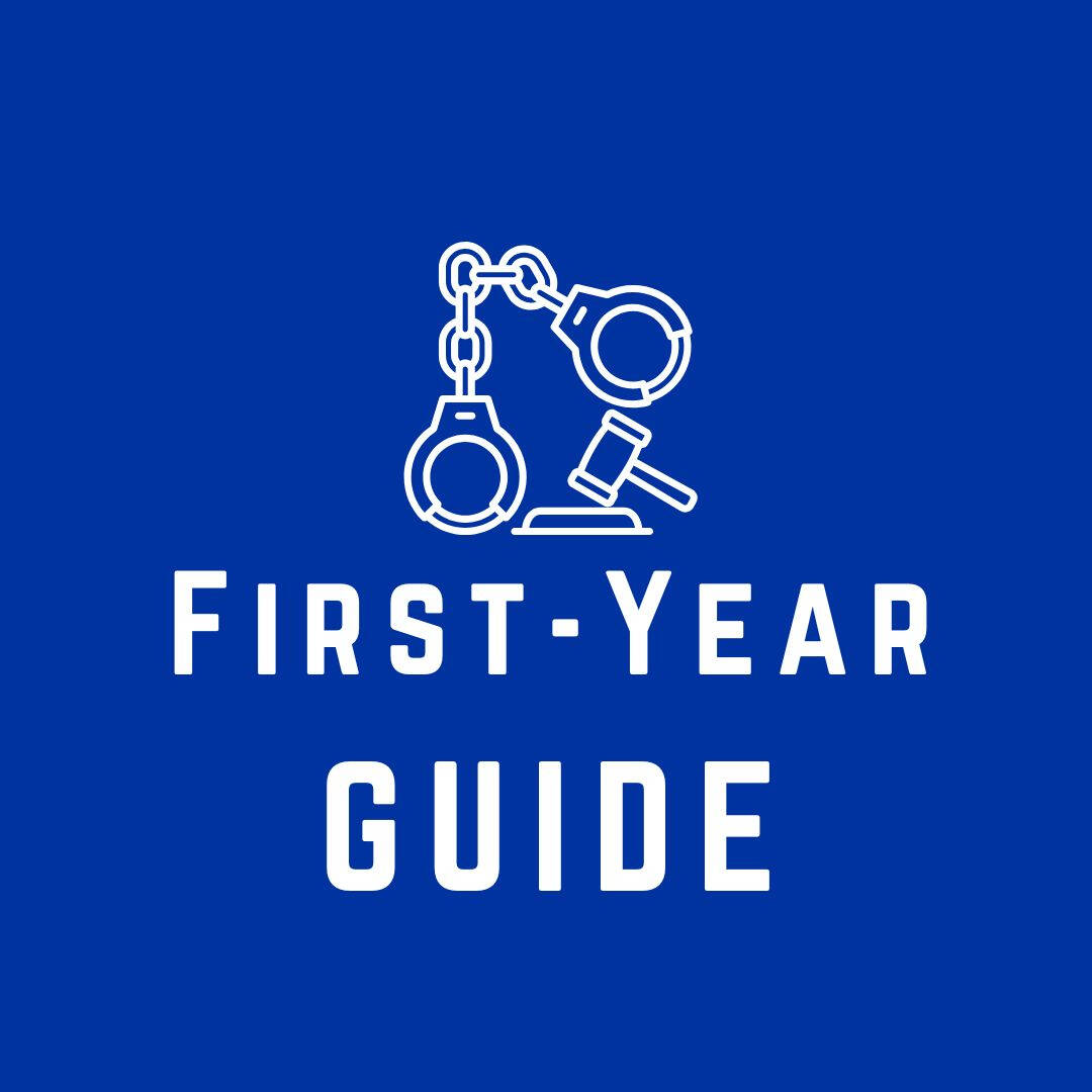 blue logo for criminal justice major, image is a drawing of handcuffs and a gavel above text that reads "first year guide"